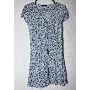 Cotton On Women small Floral Ruched Mini Dress Short Sleeve  Blue White romantic